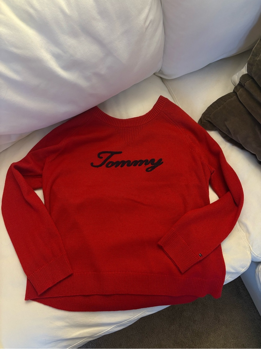 NWOT Tommy Hilfiger Red Sweater with Navy Blue Script Logo